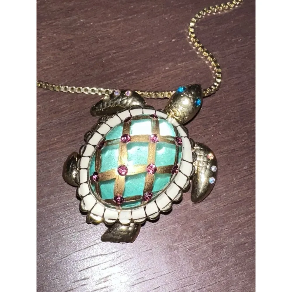 vtg BETSEY JOHNSON Turtle pendant Locket necklace Gold Tone Rhinestones
